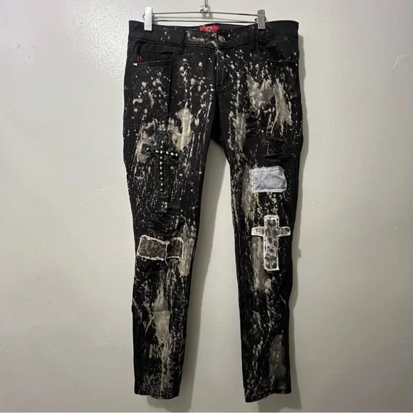 Royal Bones Distressed and Splatter Print Black Skinny Jeans - Picture 3 of 12